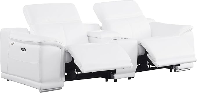 BlackJack Furniture Venice Top Grain Italian Leather Recliner 7 Seater 5 Power Reclining 3 Piece Sofa Set with Adjustable Headrests Modern Seating Sofa, Loveseat and Chair for Living Room , White