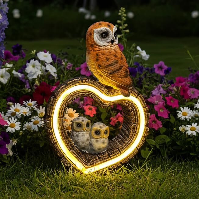Solar Garden Owl Statue with Love Heart Light, Outdoor Decor for Yard Art Lawn Ornaments Porch Patio Balcony Home for Grandma Mom Women, with Dual Solar Panels Warm Garden Light