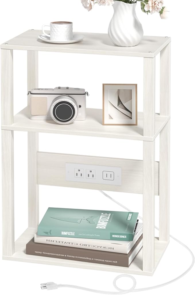 3-Tier Small Narrow Wood Side Table with Charging Station, Skinny Nightstand for Small Space, Slim Bedside Table with Storage for Couch, Thin End Table with USB Ports and Outlets, Grey White