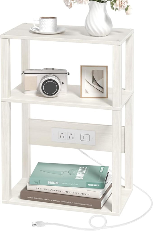3-Tier Small Narrow Wood Side Table with Charging Station, Skinny Nightstand for Small Space, Slim Bedside Table with Storage for Couch, Thin End Table with USB Ports and Outlets, Grey White