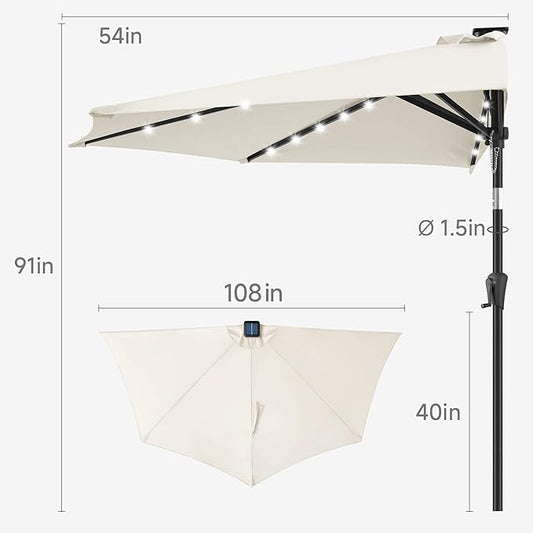 9FT Solar Half Umbrellas Outdoor - LED Half Patio Umbrella with 25 Lights, UV Protection Waterprool, Half Round Umbrella for Wall Balcony, Pool, Porch, Garden, Deck, Backyard, Ivory
