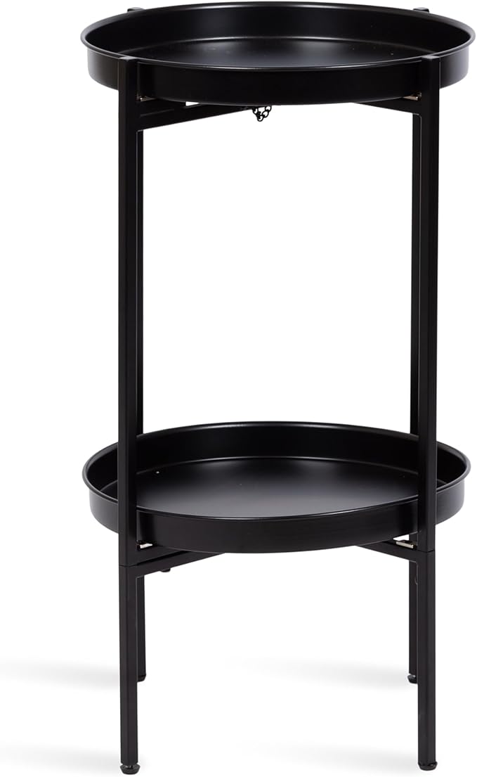 Kate and Laurel Celia Round Metal Foldable Tiered Side Table; 16 x 26; Black; Modern Accent Table with Removable Magnetic Tray Tabletops and Space-Saving Folding Base