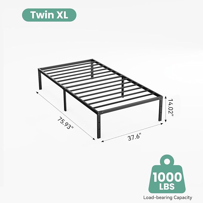 Sweetcrispy Twin XL Size 14 Inch Platform Bed Frame, Heavy Duty Metal Foundation Frame, Noise-Free Sturdy Steel Slats, Underbed Storage, No Box Spring Needed, Quick Setup