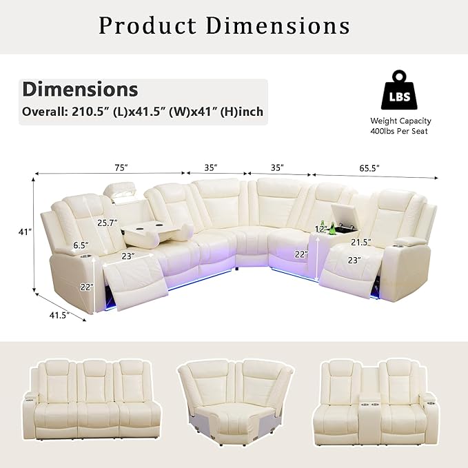 A Ainehome Leather Power Furniture Reclining Sectional Couch, Living Room Power Recliner Adjustable Sofa, Loveseat and Chair with Storage Console for Living Room/Office(Off-White)
