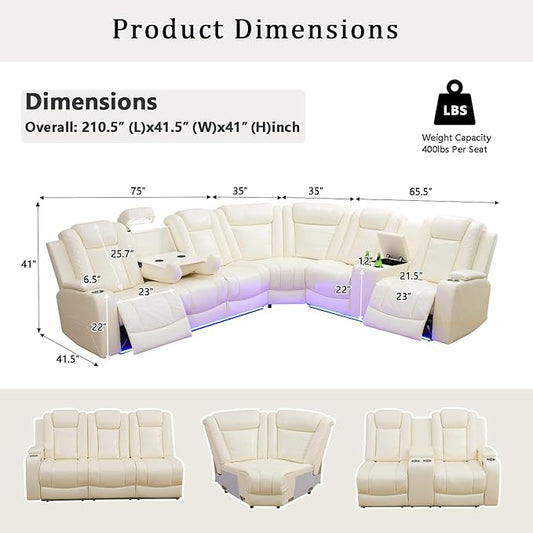 A Ainehome Leather Power Furniture Reclining Sectional Couch, Living Room Power Recliner Adjustable Sofa, Loveseat and Chair with Storage Console for Living Room/Office(Off-White)