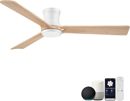 52in Smart Ceiling Fans with Lights,Low Profile Modern Wood Ceiling Fans,Remote/APP/Alexa Control,Outdoor Indoor Flush Mount Ceiling fan,for Bedroom Living room Patio,3 Blade,Light Wood,6 Speeds,Quiet