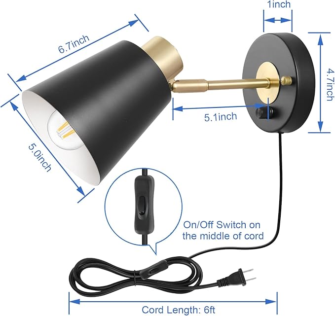 Plug in Wall Sconce, Dimmable Wall Sconce Adjustable Wall Lights with Plug in Cord and Dimmer On/Off Rotary Switch, Wall Mounted Light for Bedside Bedroom Doorway(One Bulb Included)