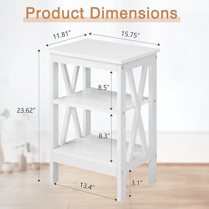 VECELO End Table Set of 2, Bedside Table, 24" Tall Living Room End Tables, X-Design Reinforced Nightstands, Side Table with 3-Tier Storage Shelves for Small Spaces, Office, Bathroom, Bedroom, White
