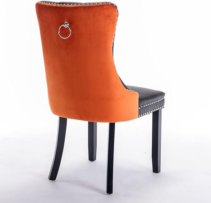 PU and Velvet Upholstered Dining Chair with Wood Legs,Tall Back Side Chair W/Nailhead Trim 2-Pcs Set,for Living Room,Apartment,Black+Orange