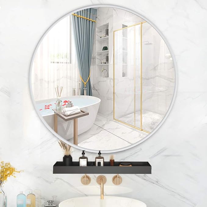Muzilife 24" Round Mirror, Bathroom Circle Mirror, Silver Wall Mirrors with Modern Brushed Metal Frame, Suitable for Wall Hanging Decoration, Living Room, Bedroom