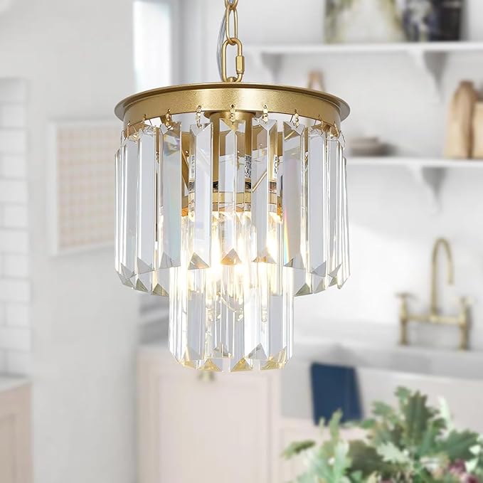 Small Gold Crystal Chandeliers for Kitchen Island Small Pendant Light Mini Contemporary Ceiling Pendant Light Fixture for Dining Room, Bedroom, Entryway 8 Inches