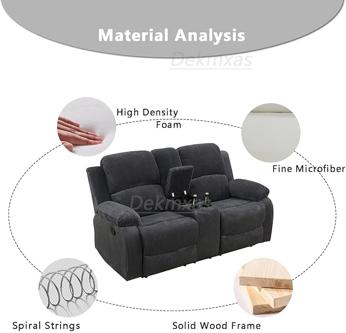 Manual Reclining Fabric Couch Living Room Furniture 2 Seater Recliner Loveseat with Cup Holders&Middle Storage Console for Home/Office/Rv Car (Grey, Loveseat)