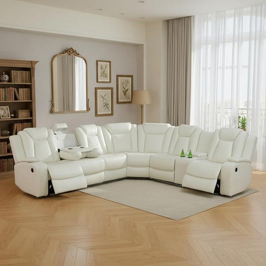 Power Recliner Sectional Couch with LED, Leather Reclining Sofa for Living Room, Muti-Functional Recliner Corner Sofa with Storage Console/Cup Holders/USB Ports (Creamy White, SECTIONAL)