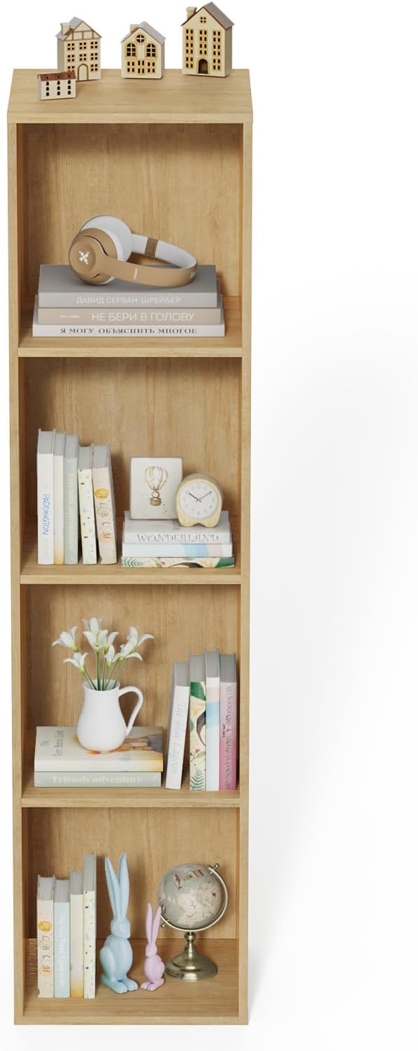 4 Tier Bookshelf, Freestanding Corner Storage Shelve Book Case for Narrow Space, 4 Cube Storage Organizer Small Bookcase for Home Office Living Room (Oak, 4 Cube)