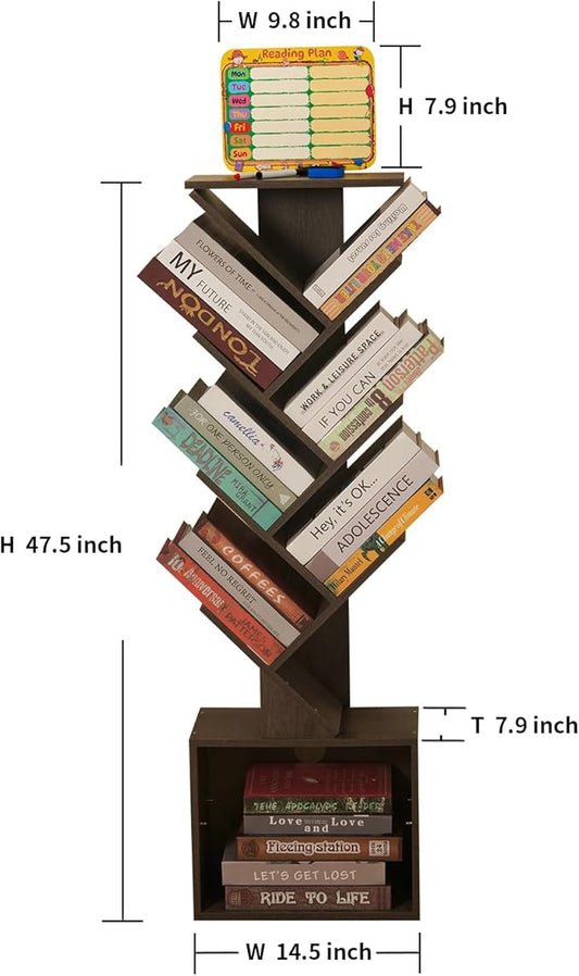 7 Tier Tree Book shelf, Small Bookcase with Reading Planner and Activity Panel, Modern Floor Standing Corner Tall Narrow Storage Cabinet Bookshelves for Home Office Bedroom Living Room (Gray)