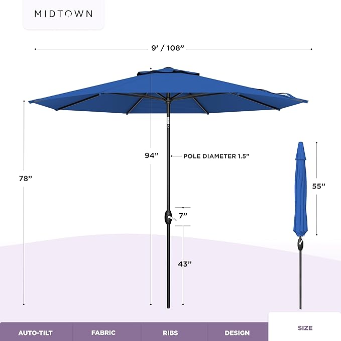 Midtown Umbrellas - The Lean 9 Ft Patio Umbrella with Fade-Resistant Sunbrella Fabric, Auto-Tilt Aluminum Frame and 8 Reinforced Ribs for Deck, Pool & Garden - Dark Blue Canopy, Black Pole