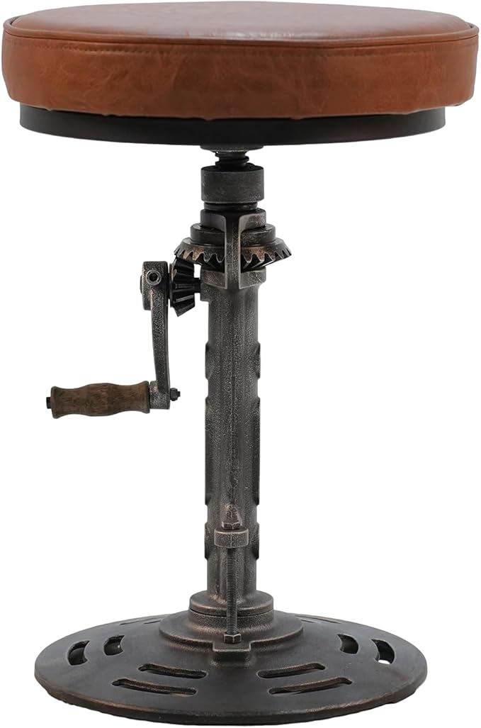 LOKKHAN American Antique Steampunk Deco Vintage Industrial Bar Cafe Stool, Retro Stylish Cast Iron Base Swivel Round Leather Top, Easily Adjusts by Crank Handle