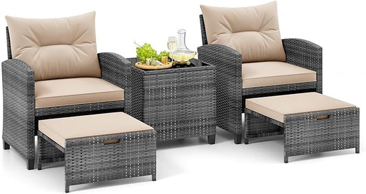 Tangkula 5 Pieces Patio Conversation Set, PE Wicker Rattan Outdoor Furniture Set with 2 Chairs, 2 Ottomans & Tempered Glass Coffee Table, Ideal for Poolside, Backyard, Lawn, Deck, Mix Grey & Beige
