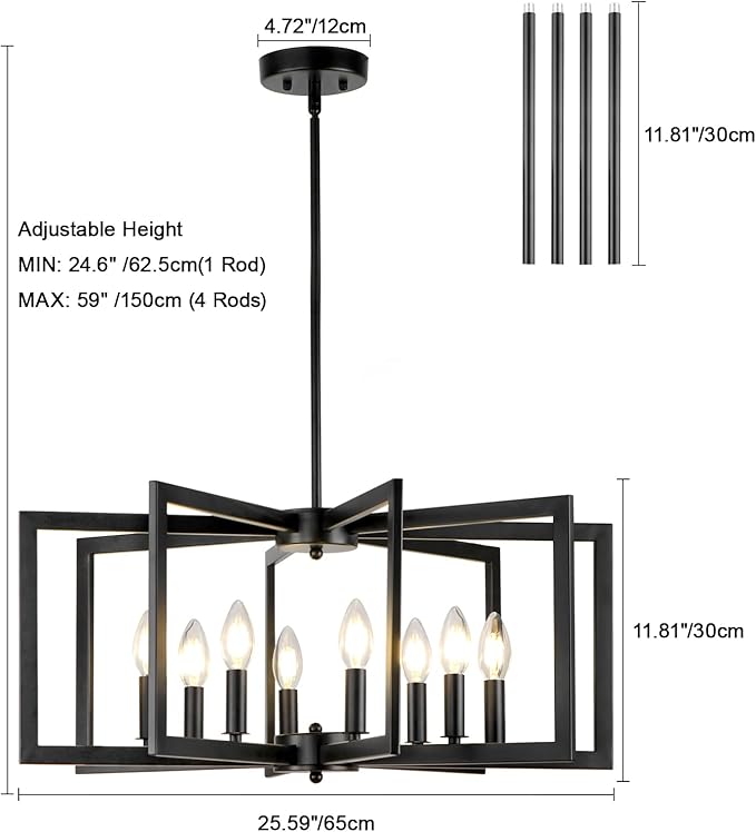25.6" Black Chandelier for Dining Room, 8-Light Geometric Dining Room Light Fixture, Farmhouse Modern Chandeliers for Dining Room Living Room Foyer Stairway