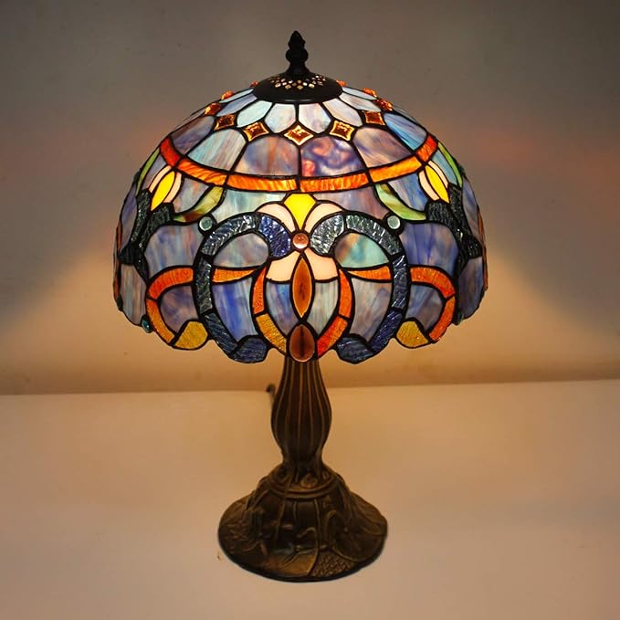 WERFACTORY Tiffany Lamp Blue Purple Stained Glass Style Table Lamp Reading Desk Light 12X12X18 Inches Decor Bedroom Living Room Home Office S558 Series