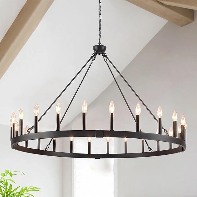 24-Light Black Wagon Wheel Chandelier Farmhouse, 48" Extra Large Chandeliers for High Ceilings, Round Matte Black Chandeliers for Dining Room, Kitchen Island, Foyer, Living Room, Entrance