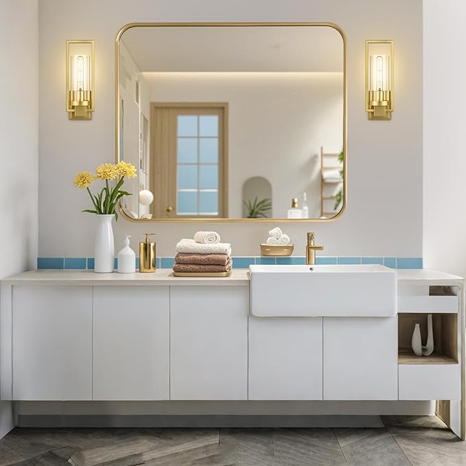 CINOTON Golden Wall Sconces Set of 2, 15" Brushed Gold Wall Mounted Lamp, Hardwired AC 120V Wall Sconces Vintage Vanity Light Fixtures with Clear Glass, Wall Lights for Living Room, Hallway, Bedroom