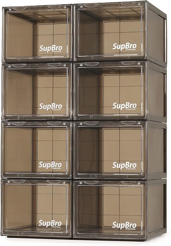 SupBro Collection Crate - Easy Access Storage Shoes Box -Plastic Foldable Stackable Sneaker Display Storage with Clear Front Door Organizer-8 Pack (Steel Flash)