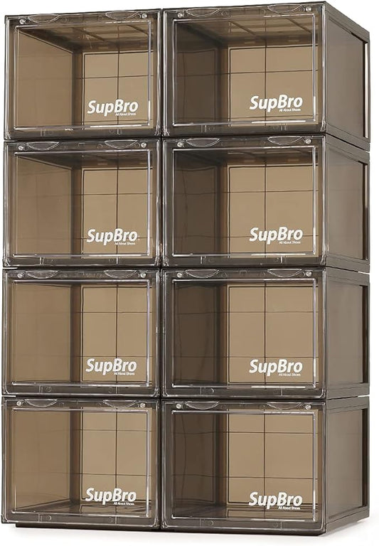 SupBro Collection Crate - Easy Access Storage Shoes Box -Plastic Foldable Stackable Sneaker Display Storage with Clear Front Door Organizer-8 Pack (Steel Flash)