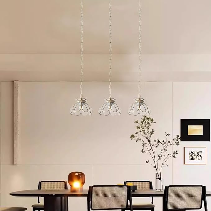 Brass Glass Ceiling Pendant Light, Hanging Chain lamp, with Vintage Lotus Flower Clear Glass Shade for Kitchen Island Dining Room Bedroom Living Room-7.9" Shade