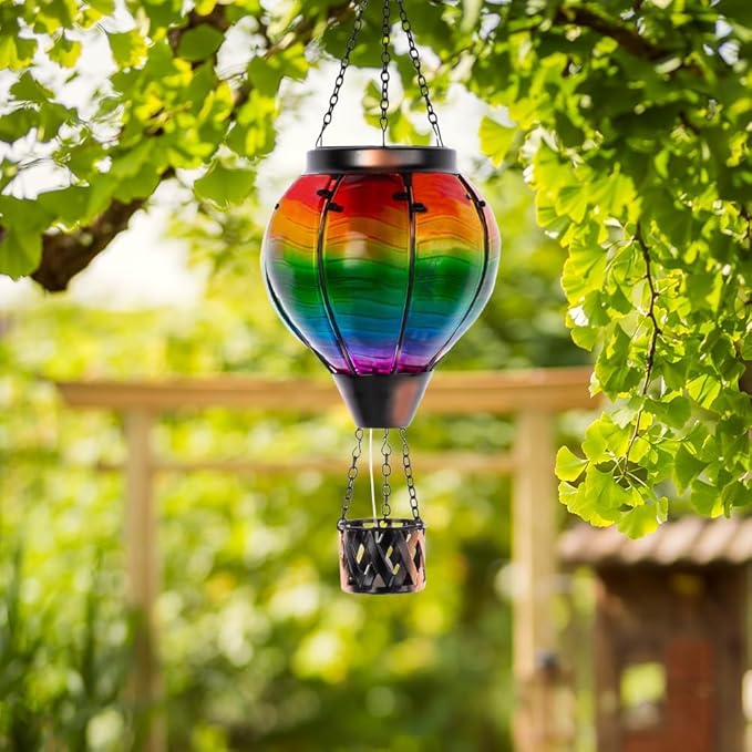 2PCS Colorful Solar Hot Air Balloon Lantern with Flame,Rainbow Wave Glass Solar Hanging Light Outdoor Waterproof for Garden Tree Yard Patio Party Decor
