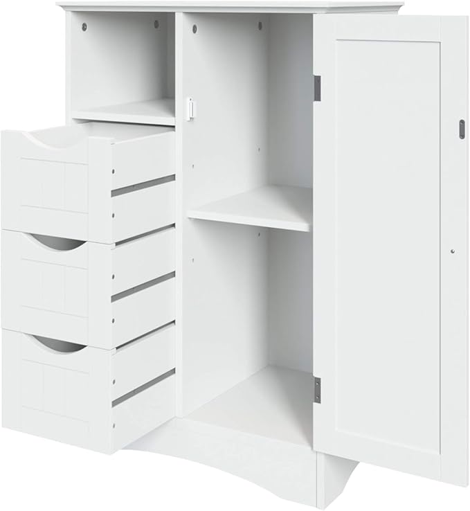 RiverRidge Ashland Bathroom Storage Cabinet with 3 Drawers, Adjustable Shelf & Beadboard Styling - White Bathroom organizer - Freestanding Storage Cabinet