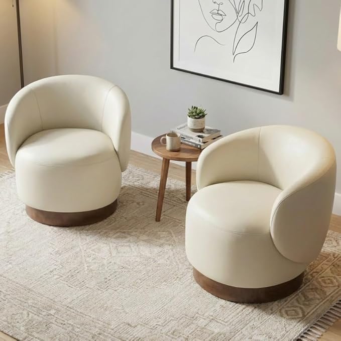 Swivel Accent Chair Modern Round Barrel Armchair with Upholstered Faux Leather for Living Room Bedroom Waitingroom,1 Box,Cream