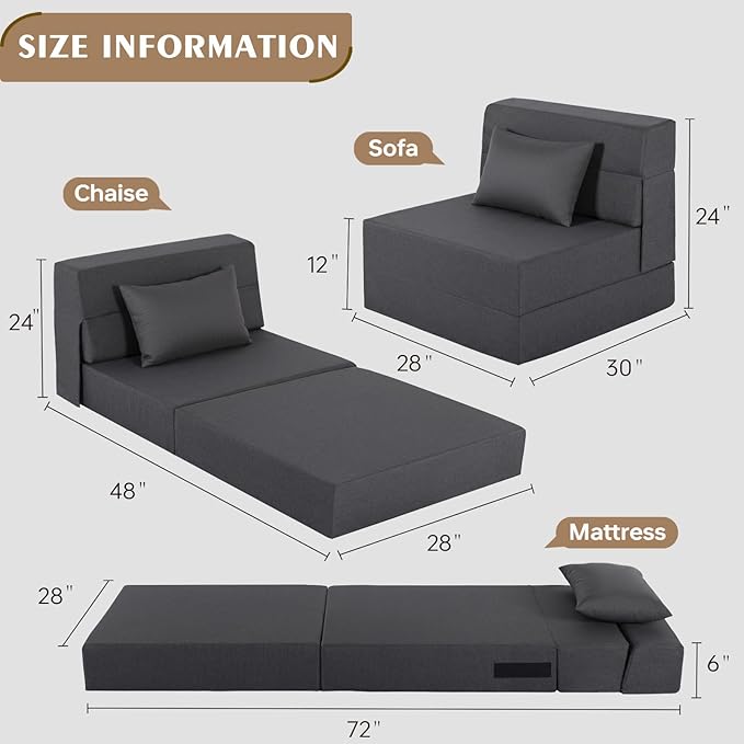 Fvkind Folding Sofa Bed, Foldable Sleeper Chair with Pillow, Convertible Fold Out Chair Bed with Washable Cover, Foldable Mattress for Living Room, Bedroom, Guest Room, Single Size, Dark Grey