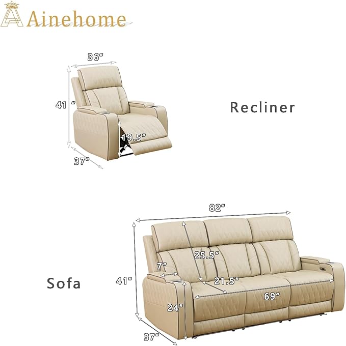 A Ainehome Power Leather Recliner Sofa Set, Recliner Sofa Sectional Couches for Living Room, Reclining Sofa, loveseat, Chair with Storage Console/Cup Holders(Khaki,Sofa+Chair)