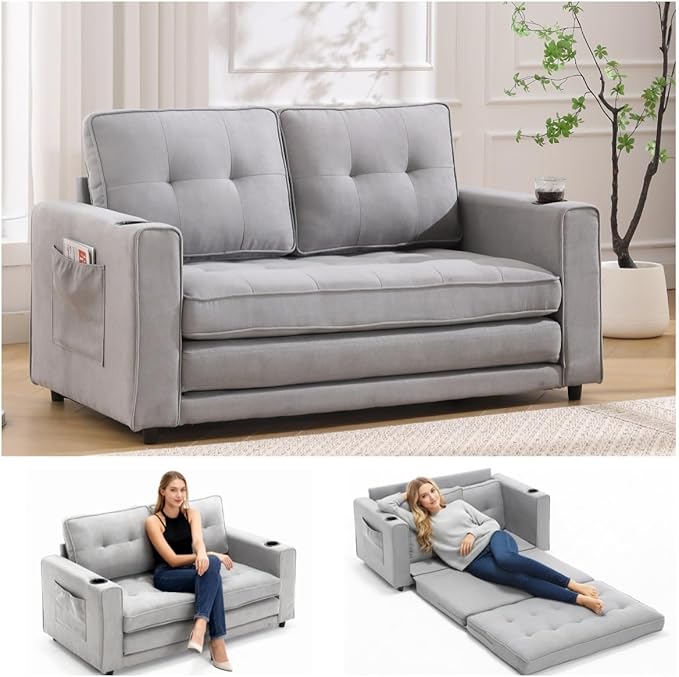 Convertible Sofa Bed, Folding Loveseat Sleeper Sofa Bed with Pillows,Fold Out Floor Couch with Cup Holder, Fabric Pull Out Sleeper Couch Bed for Living Room, Bedroom Lounge, Light Gary