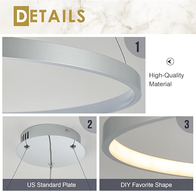 Chrome LED Ring Chandelier 24" Remote Control Dimmable Flush Mount Pendant Chandelier for Dinning Room Office Kitchen Living Room,3000-6500K