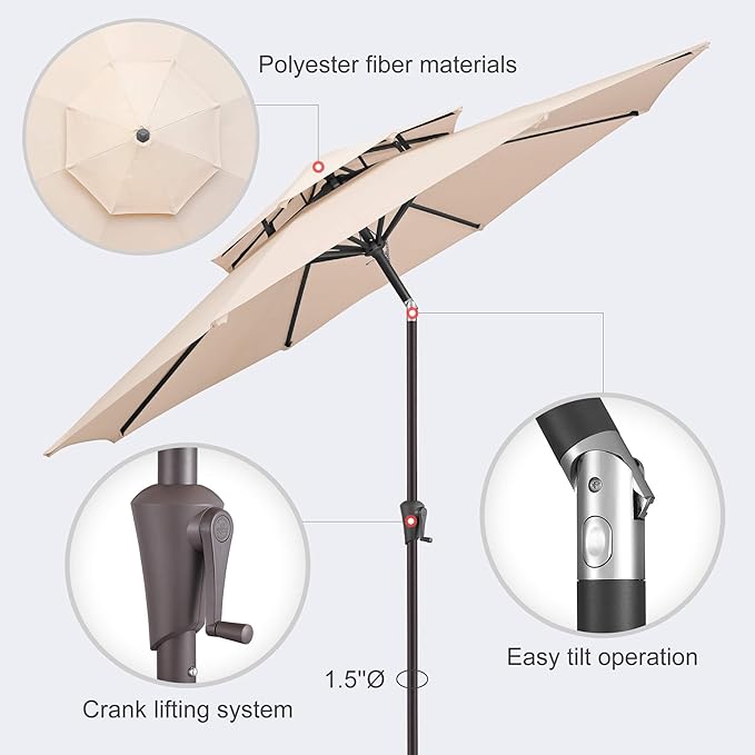 9FT Outdoor Patio Umbrella - 2 Tiers Table Umbrella Waterprool UV Protection, Sombrillas de Patio with Push Button Tilt, Sun Umbrella for Pool, Porch, Garden, Backyard (Beige)