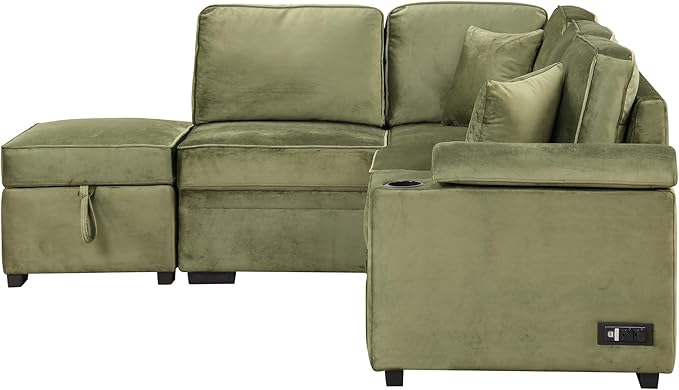 ERYE 84-Inch Left Facing Corner Sleeper Sectional Sofa with Pull Out Sleeper Couch Bed and Storage Ottoman,L-Shaped Corner Convertible Sofa Bed W/Cupholder & Padded Armrests | USB Charging Ports, 3-pin Plug Socket