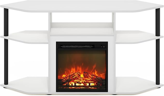 Furinno Jensen Fireplace TV Stand, Corner Entertainment Center, TV Console for TV up to 55 Inch with Fireplace, Plastic Poles and Open Storage, for Living Room, Bedroom, Solid White