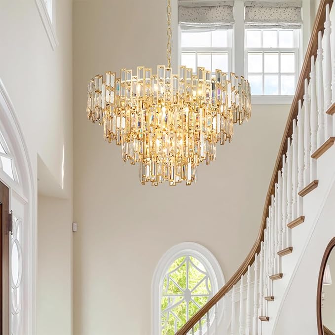 Crystal Contemporary Chandelier Foyer Entryway Lighting, 4-Tier Large Foyer Entrance Chandeliers for High Ceiling Big Crystal Chandelier (Dia 30 inch 15 Lights) Gold