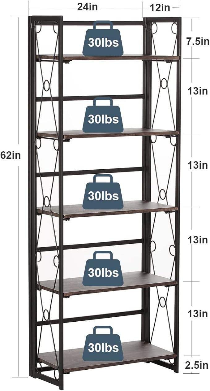 VECELO Folding Bookshelf, 5 Shelf Folding Bookcase No Assembly, Industrial Metal Freestanding Shelves Rack Organizer for Living Room, Office, Bedroom, Kitchen