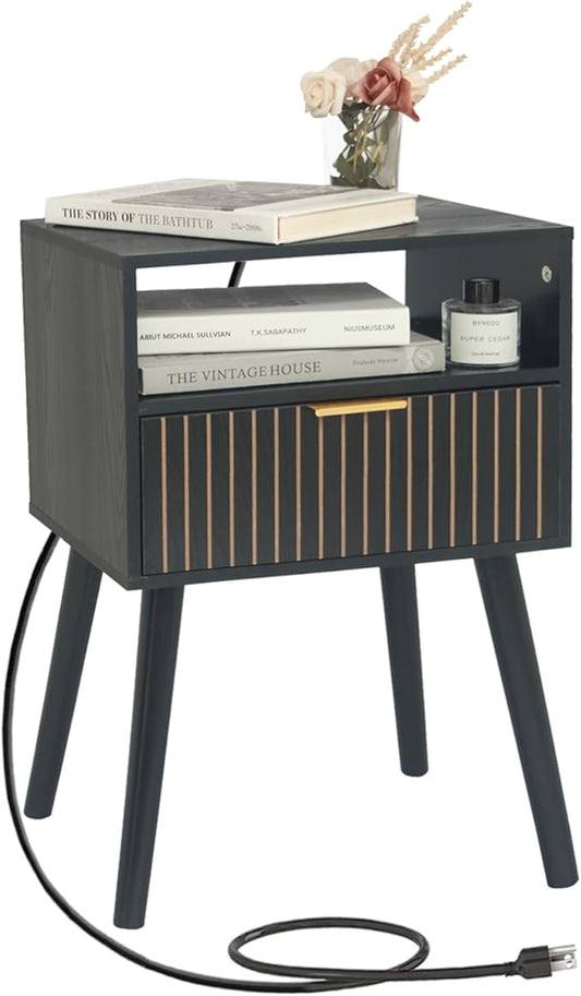 Black Nightstand with Charging Station, Mid Century Modern Bedside Table with Open Shelf and Storage Drawer, End Table with Solid Wood Legs, Black