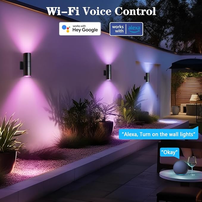 KIZON Smart Porch Lights 2 Pack, RGB Modern Outdoor Wall Lights Dusk to Dawn Exterior Lighting Fixture App Control with Remote, Up and Down Outdoor Sconce Lights for House Patio Garage