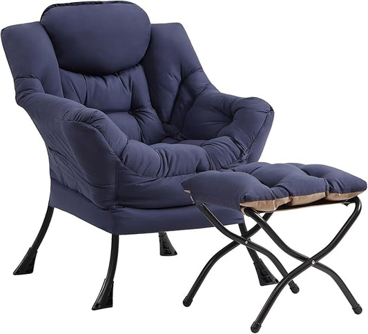 Cozy Lazy Chair and Ottoman, Large Navy Contemporary Accent Chair Set, Modern Leisure Upholstered Reading Armchair for Bedroom, Living Room, Dorm Rooms, Office, Balcony