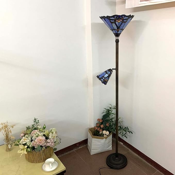 Bieye L10686 Baroque Tiffany Style Stained Glass Torchiere Floor Lamp with Sidelight for Reading Home Decor, 71-inch Tall