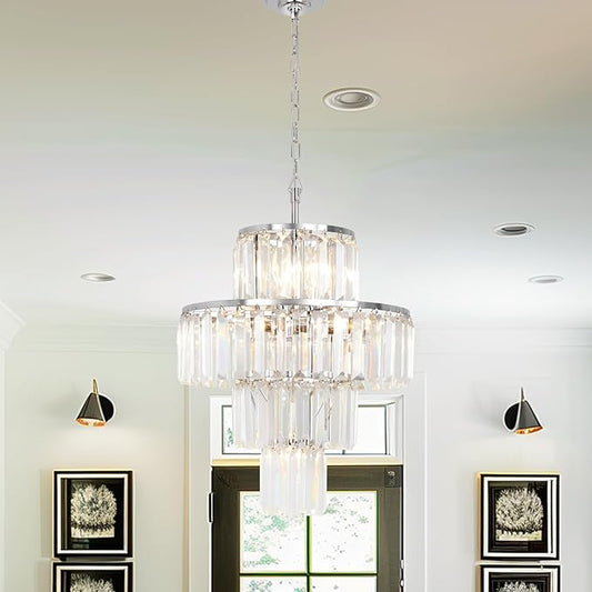 Chrome Crystal Chandelier, 7-Light 4 Tiers 13.77" Crystal Light, Adjustable Hanging Metal Ceiling Lighting Fixture, Modern Foyer Dining Room Chandeliers for Bedroom,Hallway,Kitchen
