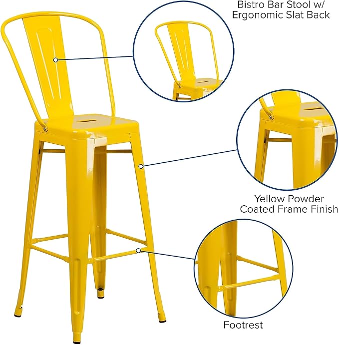 Flash Furniture Commercial Grade 30" High Yellow Metal Indoor-Outdoor Barstool with Removable Back
