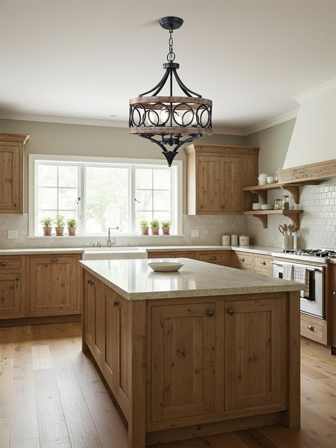 Farmhouse Chandelier for Dining Room, 15.7 Inch Hanging Round Light Fixture Over Table, 4-Light Wood Chandelier for Kitchen Island Dining Room Entryway