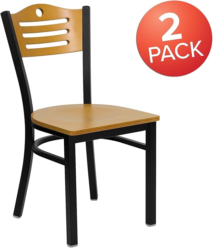 Flash Furniture 2 Pack HERCULES Series Black Slat Back Metal Restaurant Chair - Natural Wood Back & Seat
