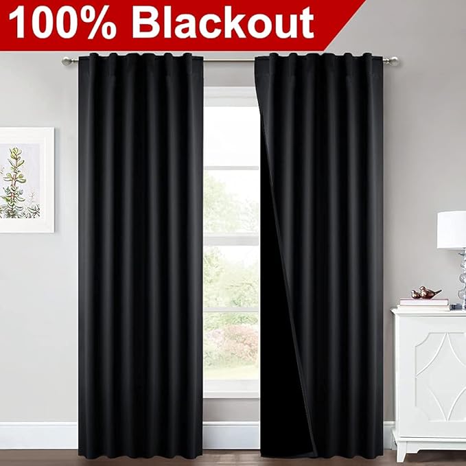 NICETOWN Total Shade Room Warming Curtains and Draperies, Heavy-Duty Full Light Shading Drapes with Black Liner Backing for Villa/Hall/Dorm Window（Black, Package of 2, 52-inch Wide x 95-inch Long